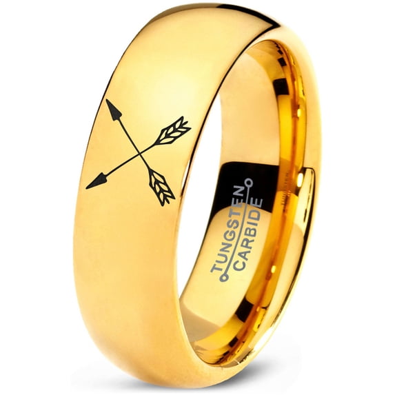 Tungsten Archery Bow Arrows Crossed Band Ring 7mm Men Women Comfort Fit 18k Yellow Gold Dome Polished