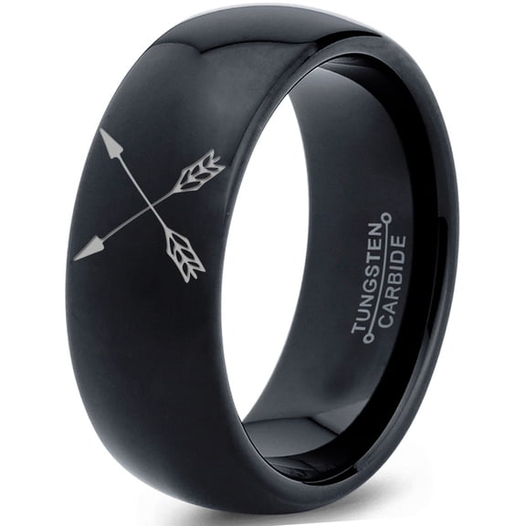 Tungsten Archery Bow Arrows Crossed Band Ring 8mm Men Women Comfort Fit Black Dome Polished
