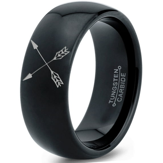 Tungsten Archery Bow Arrows Crossed Band Ring 8mm Men Women Comfort Fit Black Dome Polished