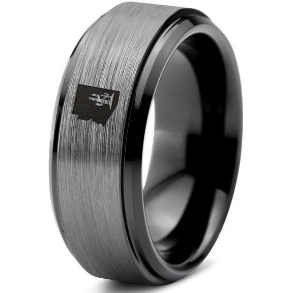 Tungsten Arizona The Grand Canyon State Cactus Band Ring 8mm Men Women Comfort Fit Black Step Bevel Edge Brushed Gray Polished