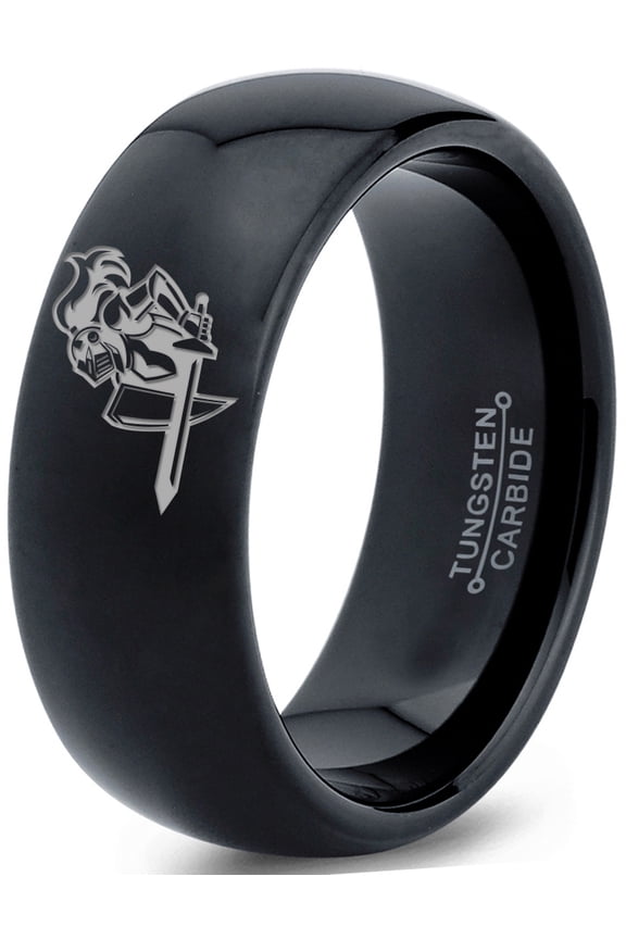 Tungsten Armor Shield Sword Knight Band Ring 8mm Men Women Comfort Fit Black Dome Polished