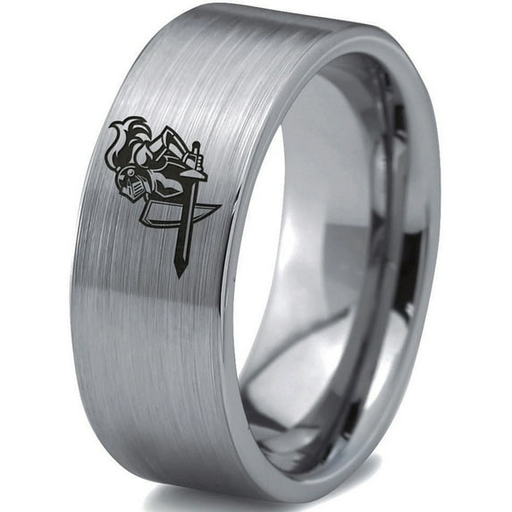 Tungsten Armor Shield Sword Knight Band Ring 8mm Men Women Comfort Fit Gray Flat Cut Brushed Polished