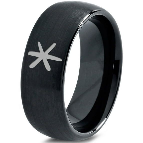 Tungsten Asterisk Star Symbol Glyph Band Ring 8mm Men Women Comfort Fit Black Dome Brushed Polished