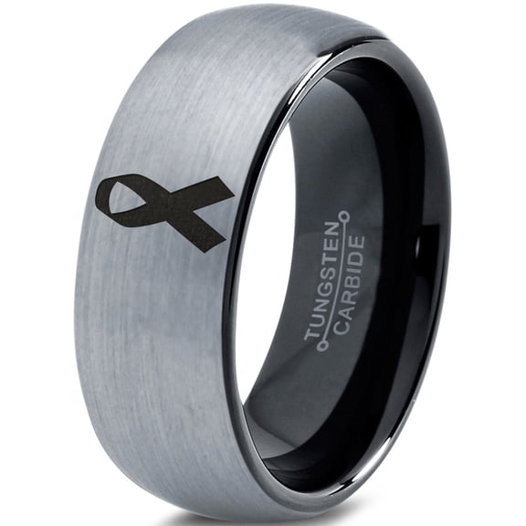Tungsten Awareness Ribbon Symbol Band Ring 8mm Men Women Comfort Fit Black Dome Brushed Gray Polished