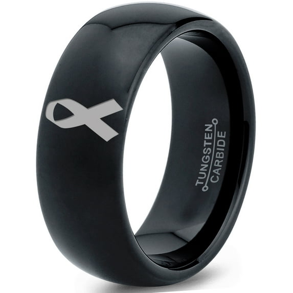 Tungsten Awareness Ribbon Symbol Band Ring 8mm Men Women Comfort Fit Black Dome Polished