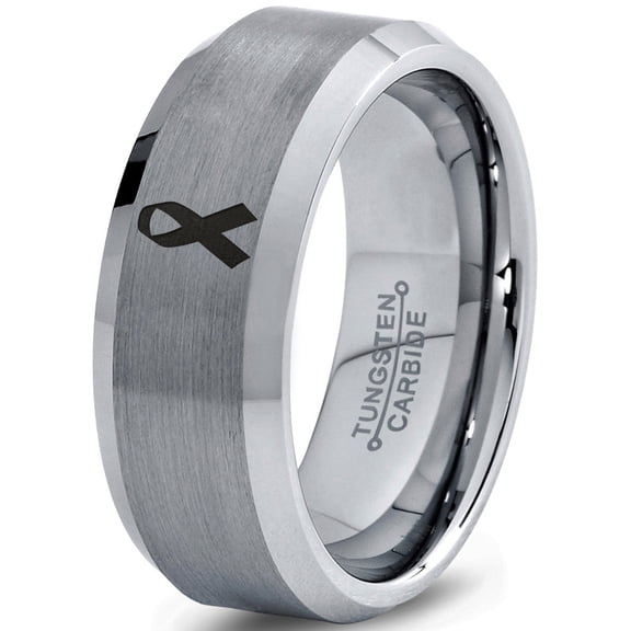 Tungsten Awareness Ribbon Symbol Band Ring 8mm Men Women Comfort Fit Gray Step Bevel Edge Brushed Polished