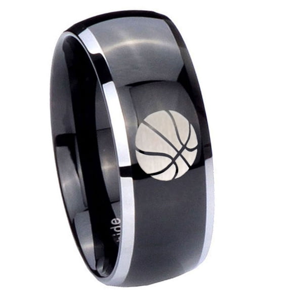 Tungsten Basketball 8mm Glossy Black 2 Tone Dome Polished Edges Men Ring