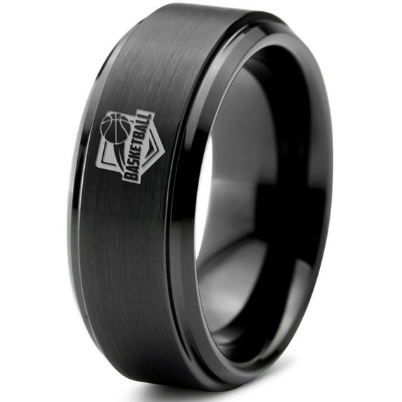 Tungsten Basketball Ring Band Ring 8mm Men Women Comfort Fit Black Step Bevel Edge Brushed Polished
