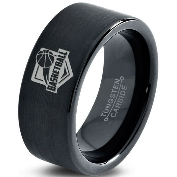 Tungsten Basketball Ring Band Ring 9mm Men Women Comfort Fit Black Flat Cut Brushed Polished