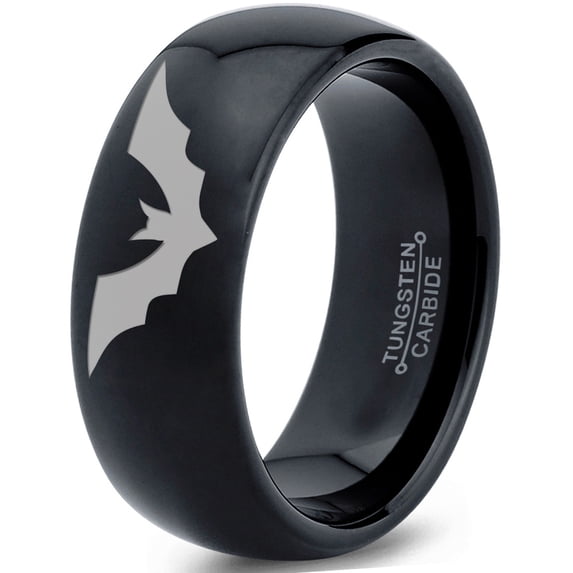 Tungsten Bat Spread Wings Band Ring 8mm Men Women Comfort Fit Black Dome Polished