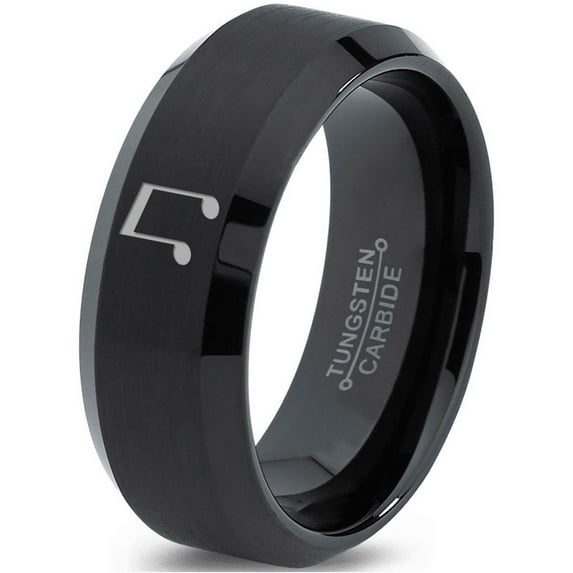 Tungsten Beam Note Music Band Ring 8mm Men Women Comfort Fit Black Beveled Edge Brushed Polished