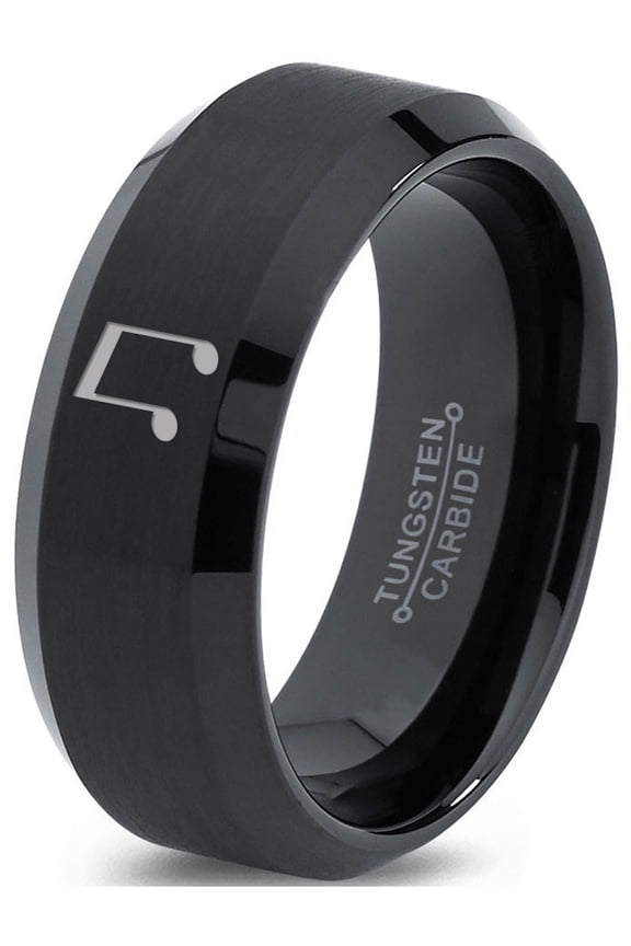 Tungsten Beam Note Music Band Ring 8mm Men Women Comfort Fit Black Beveled Edge Brushed Polished