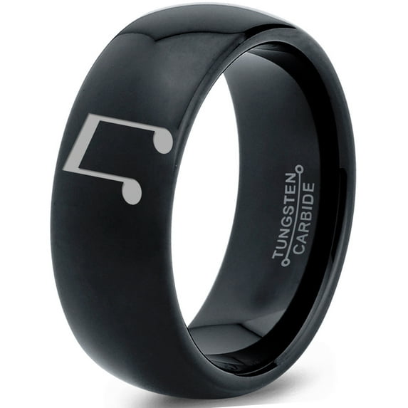 Tungsten Beam Note Music Band Ring 8mm Men Women Comfort Fit Black Dome Polished