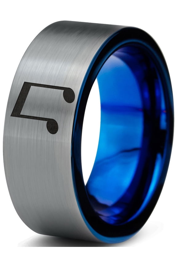 Tungsten Beam Note Music Band Ring 8mm Men Women Comfort Fit Blue Flat Cut Brushed Gray Polished