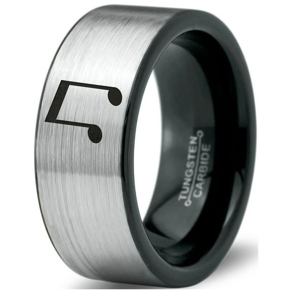 Tungsten Beam Note Music Band Ring 8mm Men Women Comfort Fit Brushed Gray Flat Cut Black Polished
