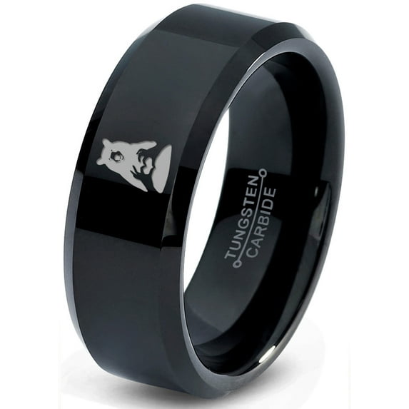Tungsten Bear Outdoor Wilderness Heart Emoji Hand Band Ring 8mm Men Women Comfort Fit Black Beveled Edge Polished