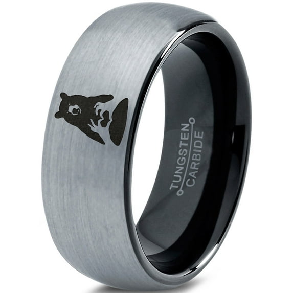 Tungsten Bear Outdoor Wilderness Heart Emoji Hand Band Ring 8mm Men Women Comfort Fit Black Dome Brushed Gray Polished