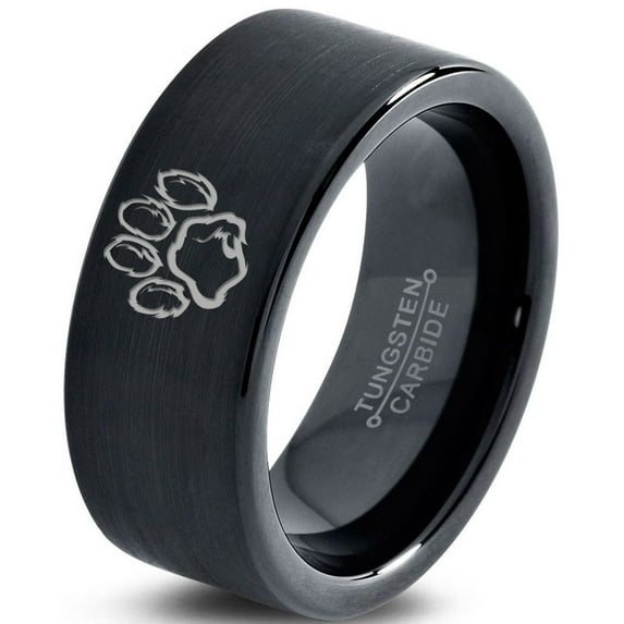 Tungsten Bear Paw Claws Band Ring 9mm Men Women Comfort Fit Black Flat Cut Brushed Polished