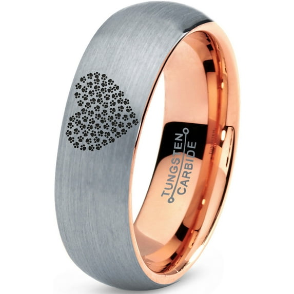 Tungsten Bear Paw Heart Shaped Emoji Band Ring 7mm Men Women Comfort Fit 18k Rose Gold Dome Brushed Gray Polished
