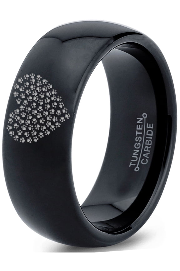 Tungsten Bear Paw Heart Shaped Emoji Band Ring 8mm Men Women Comfort Fit Black Dome Polished
