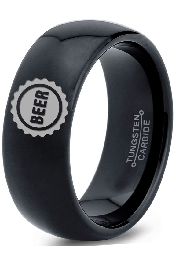 Tungsten Beer Bottle Cap Band Ring 8mm Men Women Comfort Fit Black Dome Polished