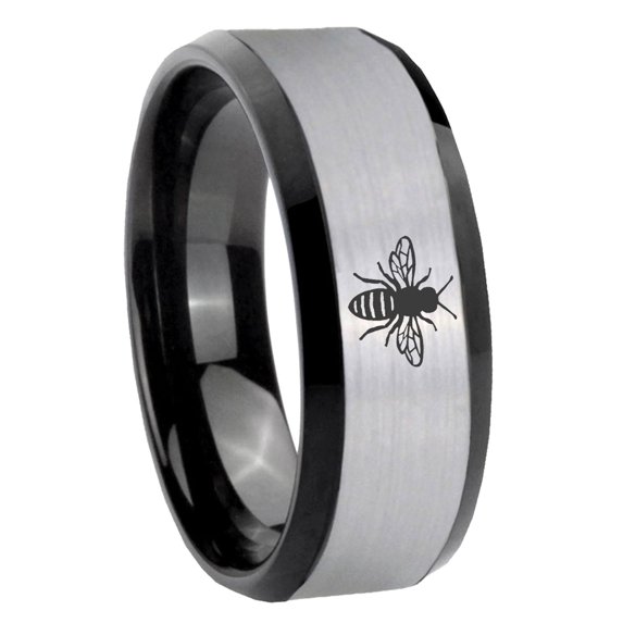 Tungsten Bees 8mm Brushed Gray Beveled Edges Black Polished Men Ring
