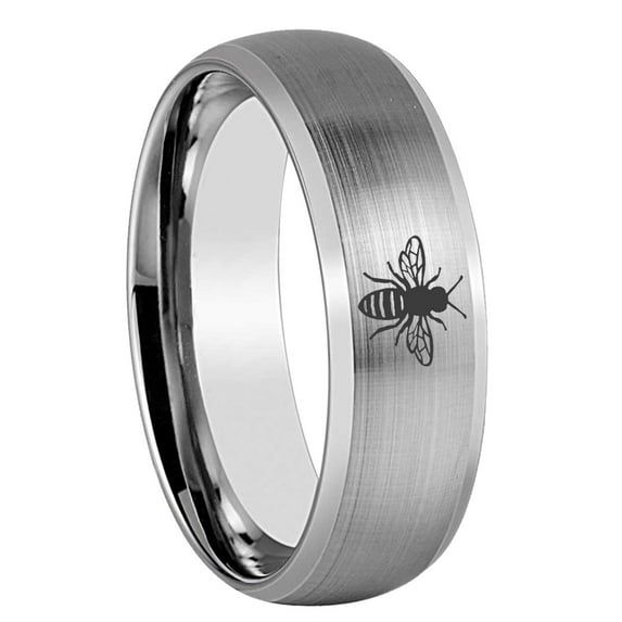 Tungsten Bees 8mm Brushed Gray Dome Polished Edges Men Ring