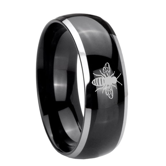 Tungsten Bees 8mm Glossy Black 2 Tone Dome Polished Edges Men Ring