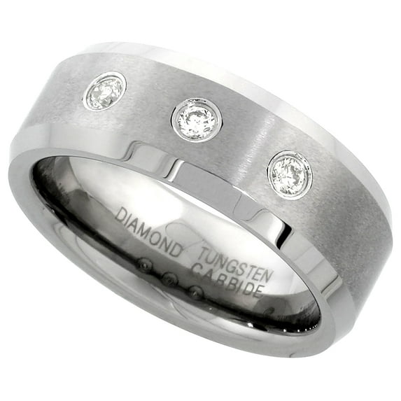 Tungsten Beveled Edges 3 Stone Diamond 0.22 cttw Wedding Band Rings 8mm