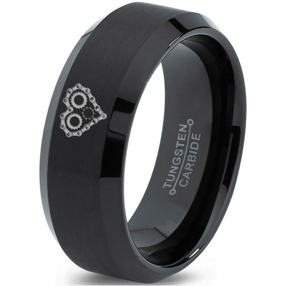 Tungsten Bicycle Chain Gear Heart Band Ring 8mm Men Women Comfort Fit Black Beveled Edge Brushed Polished