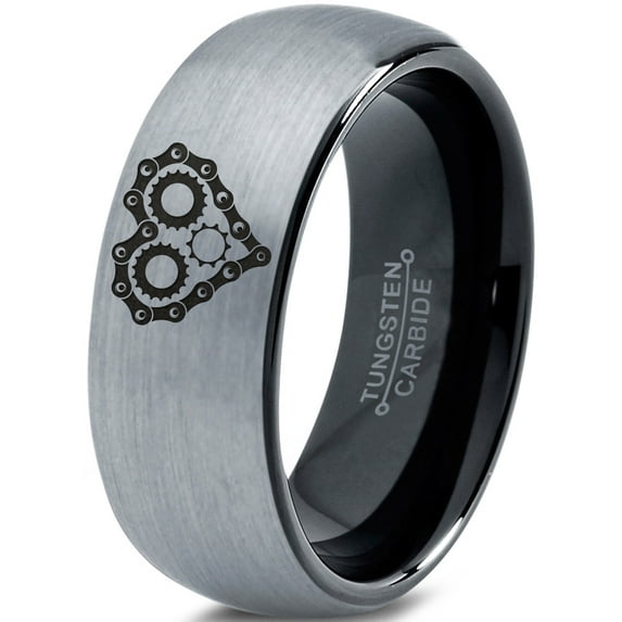 Tungsten Bicycle Chain Gear Heart Band Ring 8mm Men Women Comfort Fit Black Dome Brushed Gray Polished
