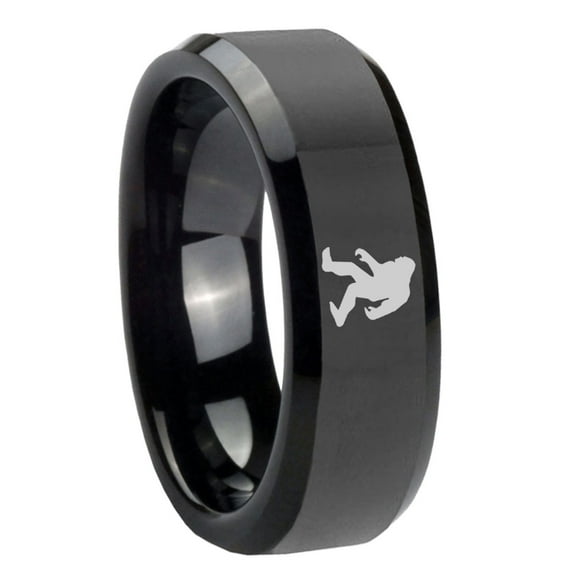 Tungsten Bigfoot 8mm Glossy Black Polished Beveled Edges Men Ring
