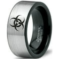 thumbnail image 1 of Tungsten Biohazard Toxic Poison Symbol Band Ring 8mm Men Women Comfort Fit Brushed Gray Flat Cut Black Polished, 1 of 4