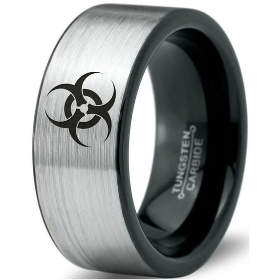 Tungsten Biohazard Toxic Poison Symbol Band Ring 8mm Men Women Comfort Fit Brushed Gray Flat Cut Black Polished