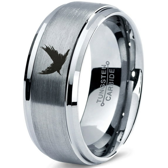 Tungsten Bird Flying Spreading Wings Aves Band Ring 8mm Men Women Comfort Fit Gray Step Bevel Edge Brushed Polished