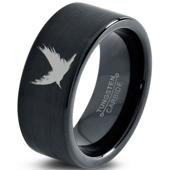 Tungsten Bird Flying Spreading Wings Aves Band Ring 9mm Men Women Comfort Fit Black Flat Cut Brushed Polished