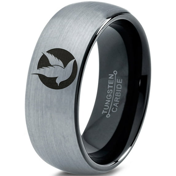 Tungsten Bird Flying Wings Aves Chordata Band Ring 8mm Men Women Comfort Fit Black Dome Brushed Gray Polished