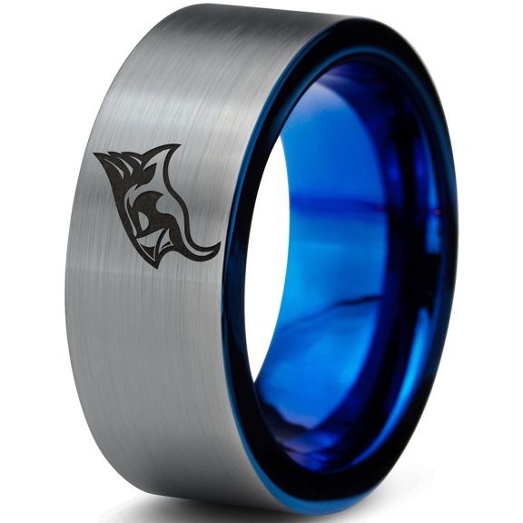 Tungsten Bird Watching Aves Band Ring 8mm Men Women Comfort Fit Blue Flat Cut Brushed Gray Polished