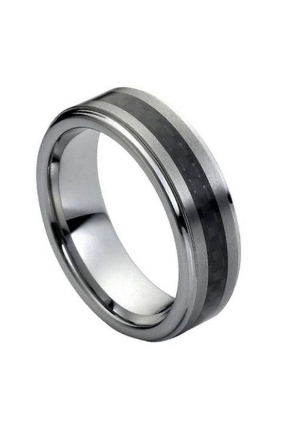 Tungsten Black Carbon Fiber Brushed Center Stepped Edge Ring Size 7.5