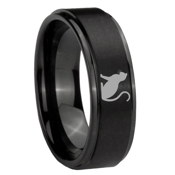 Tungsten Black Cat 8mm Brushed Black Polished Step Edges Men Ring