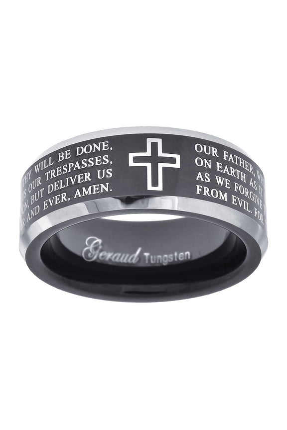 Tungsten Black Christian Cross with Prayer Beveled Edges Mens Comfort-fit 8mm Size-9 Bridal Anniversary Engagement Wedding Band