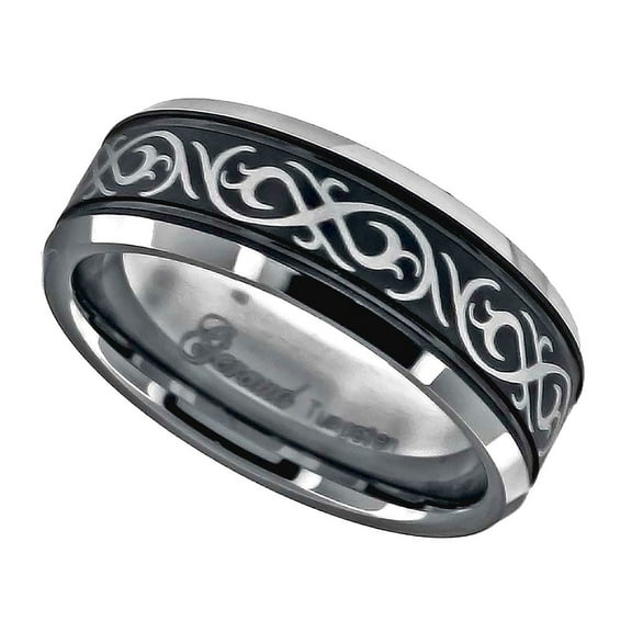 Tungsten Black Laser Engraved Irish Claddagh Celtic Trinity Knot Design With Offset Grooves Mens Comfort-fit 8mm Size 7