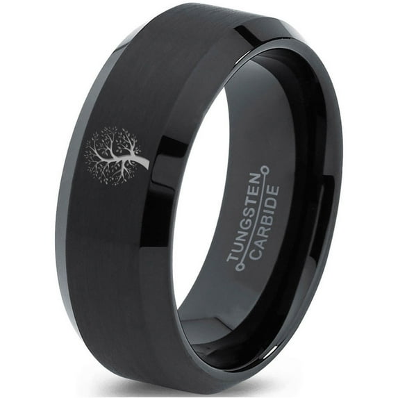 Tungsten Blossom Nature Tree Band Ring 8mm Men Women Comfort Fit Black Beveled Edge Brushed Polished