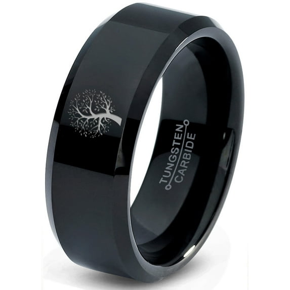 Tungsten Blossom Nature Tree Band Ring 8mm Men Women Comfort Fit Black Beveled Edge Polished