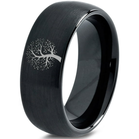 Tungsten Blossom Nature Tree Band Ring 8mm Men Women Comfort Fit Black Dome Brushed Polished