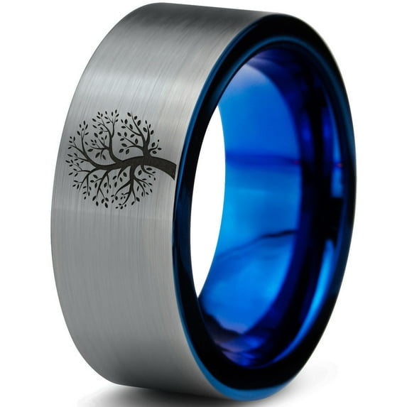 Tungsten Blossom Nature Tree Band Ring 8mm Men Women Comfort Fit Blue Flat Cut Brushed Gray Polished