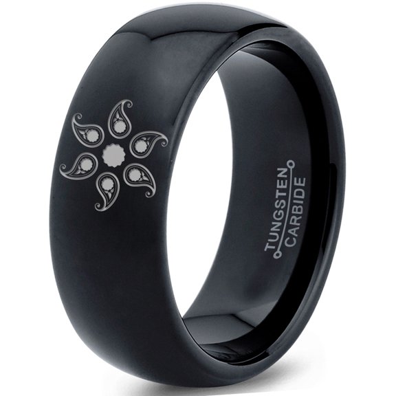 Tungsten Boho Flower Circle Band Ring 8mm Men Women Comfort Fit Black Dome Polished