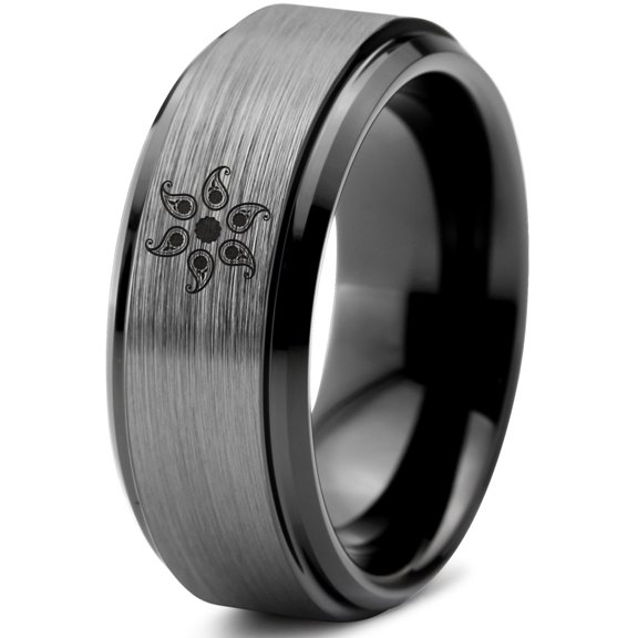 Tungsten Boho Flower Circle Band Ring 8mm Men Women Comfort Fit Black Step Bevel Edge Brushed Gray Polished