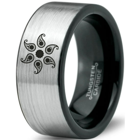 Tungsten Boho Flower Circle Band Ring 8mm Men Women Comfort Fit Brushed Gray Flat Cut Black Polished