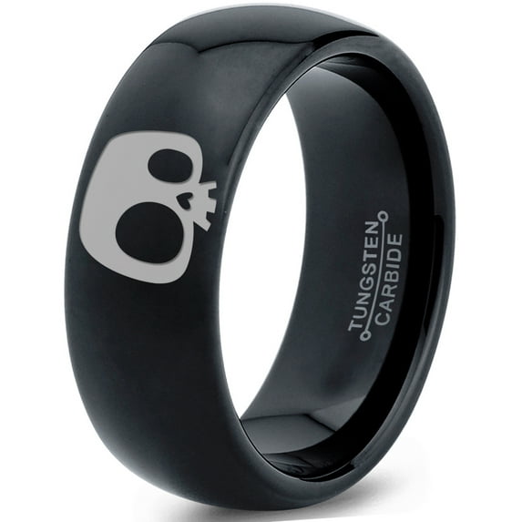 Tungsten Bony Skull Skeleton Head Band Ring 8mm Men Women Comfort Fit Black Dome Polished